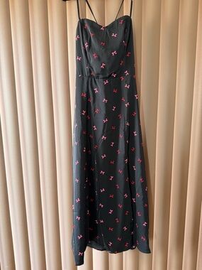 Black Spaghetti-Strap Dress with Pink Bow Print